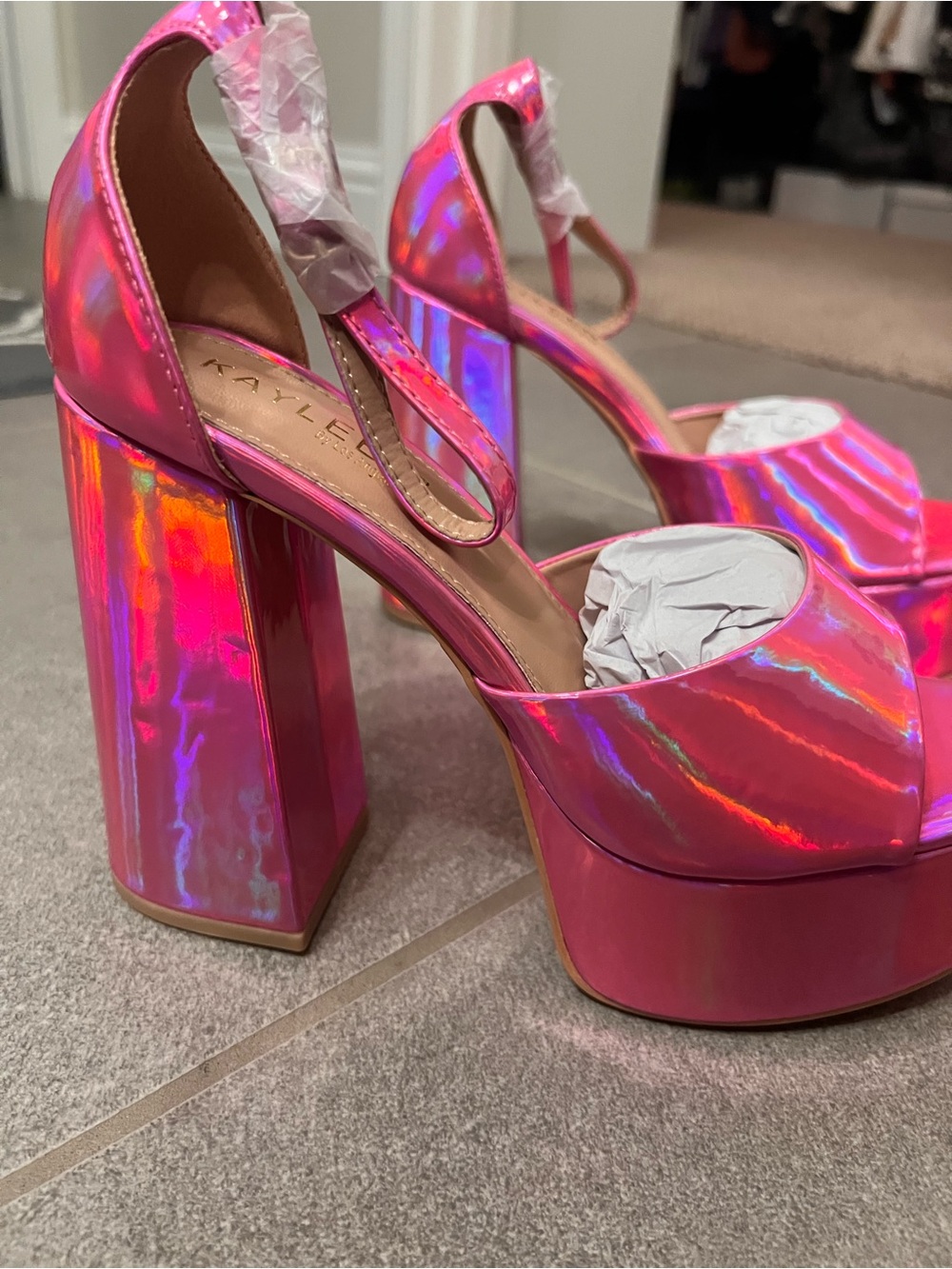 New Holographic Pink Patent Leather Platform Chunky Heels - Iridescent Metallic